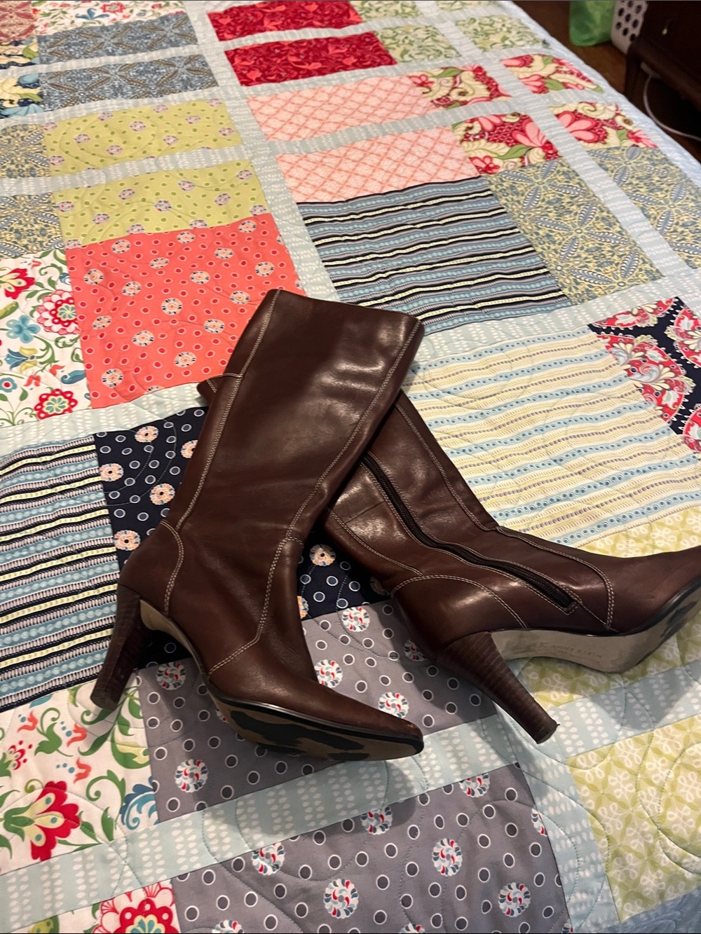 Anne Klein Brown Leather Knee-High Heeled Boots